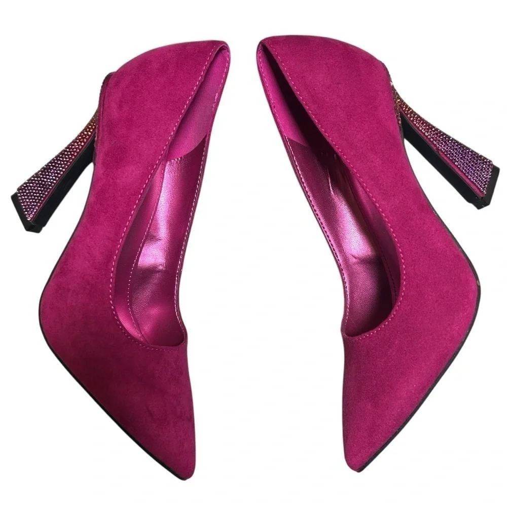 Nine West Tunips Fuchsia Pink Suede Rhinestone Flared Block Heel Pump Sz 5 - Picture 4 of 9